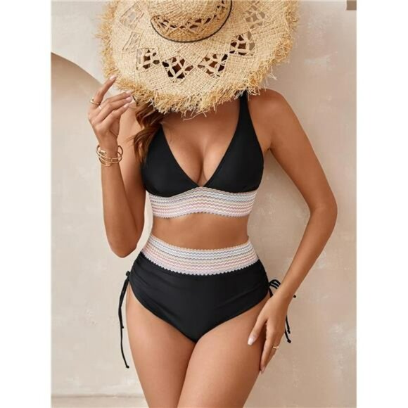 Colorful Striped Bikini Set High Waisted Ruched Tie Side Two Piece Swimwear - Picture 4 of 7